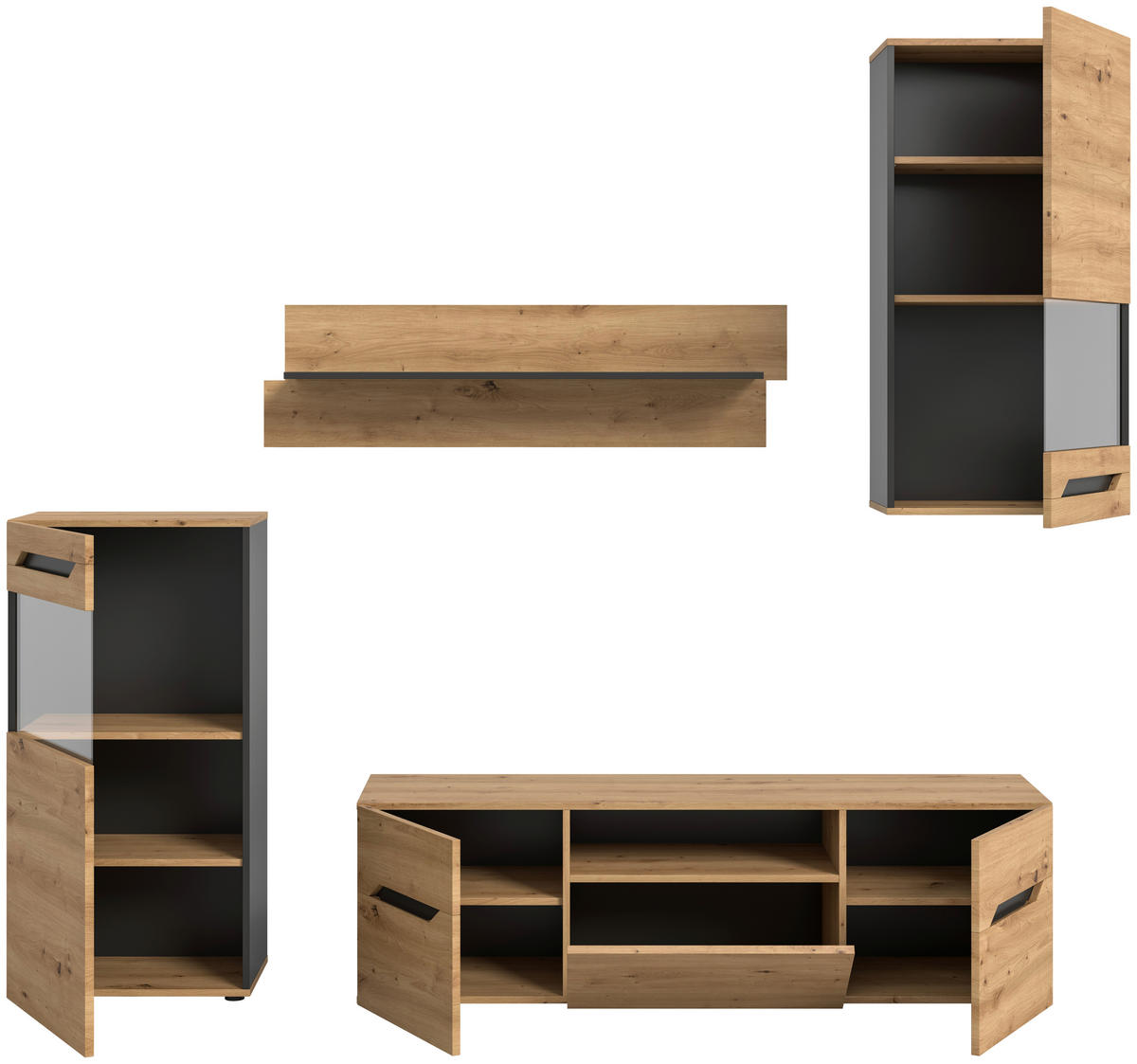 Wohnwand Caserta basaltgrau Nachbildung Artisan Oak Nachbildung B/H/T: ca. 253x196x40 cm Caserta - basaltgrau (253,00/196,00/40,00cm) - xonox.home