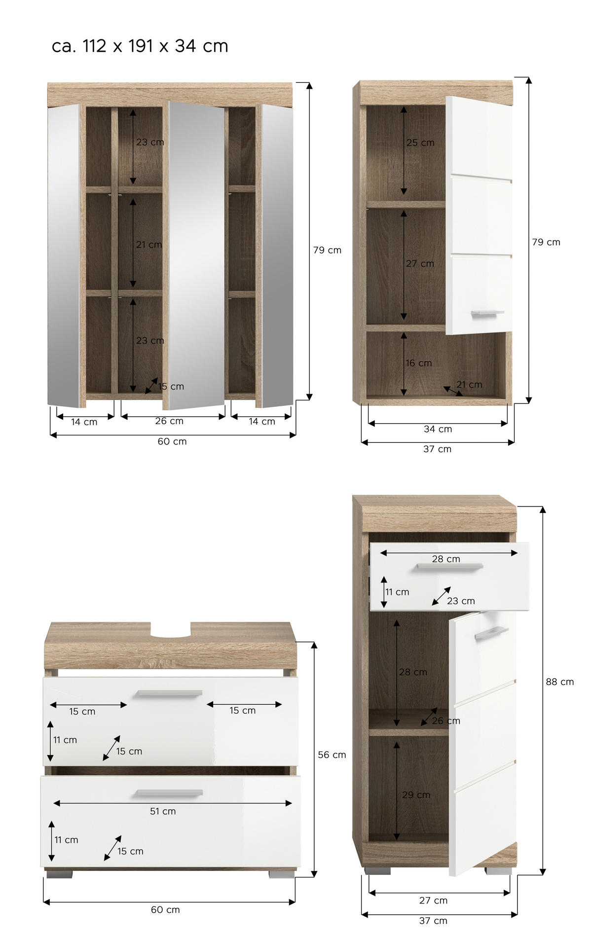 Badezimmer-Set Lambada Eiche Sonoma Nachbildung weiß Hochglanz B/H/T: ca. 112x191x37 cm Lambada - Eiche/weiß (112,00/191,00/37,00cm) - xonox.home