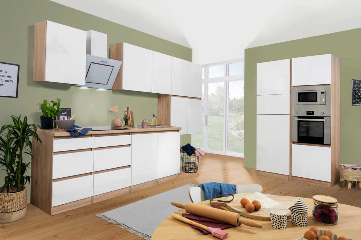 Respekta Küchenblock Premium weiß hochglänzend B/H/T: ca. 445x220,5x60 cm Premium - Eiche/weiß (445,00/220,50/60,00cm) - Respekta