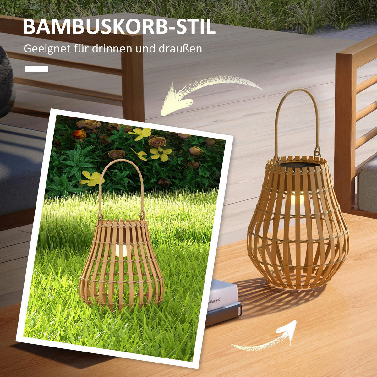Gartenleuchte natur Bambus Edelstahl Polypropylen B/H/L: ca. 18,5x18,5x22 cm Gartenleuchte - natur (22,00/18,50/18,50cm) - Outsunny
