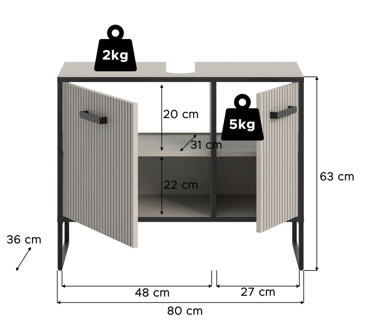 Waschbeckenunterschrank BAGNO schwarz Kaschmirgrau Nachbildung B/H/T: ca. 80x63x36 cm BAGNO - schwarz (80,00/63,00/36,00cm) - xonox.home