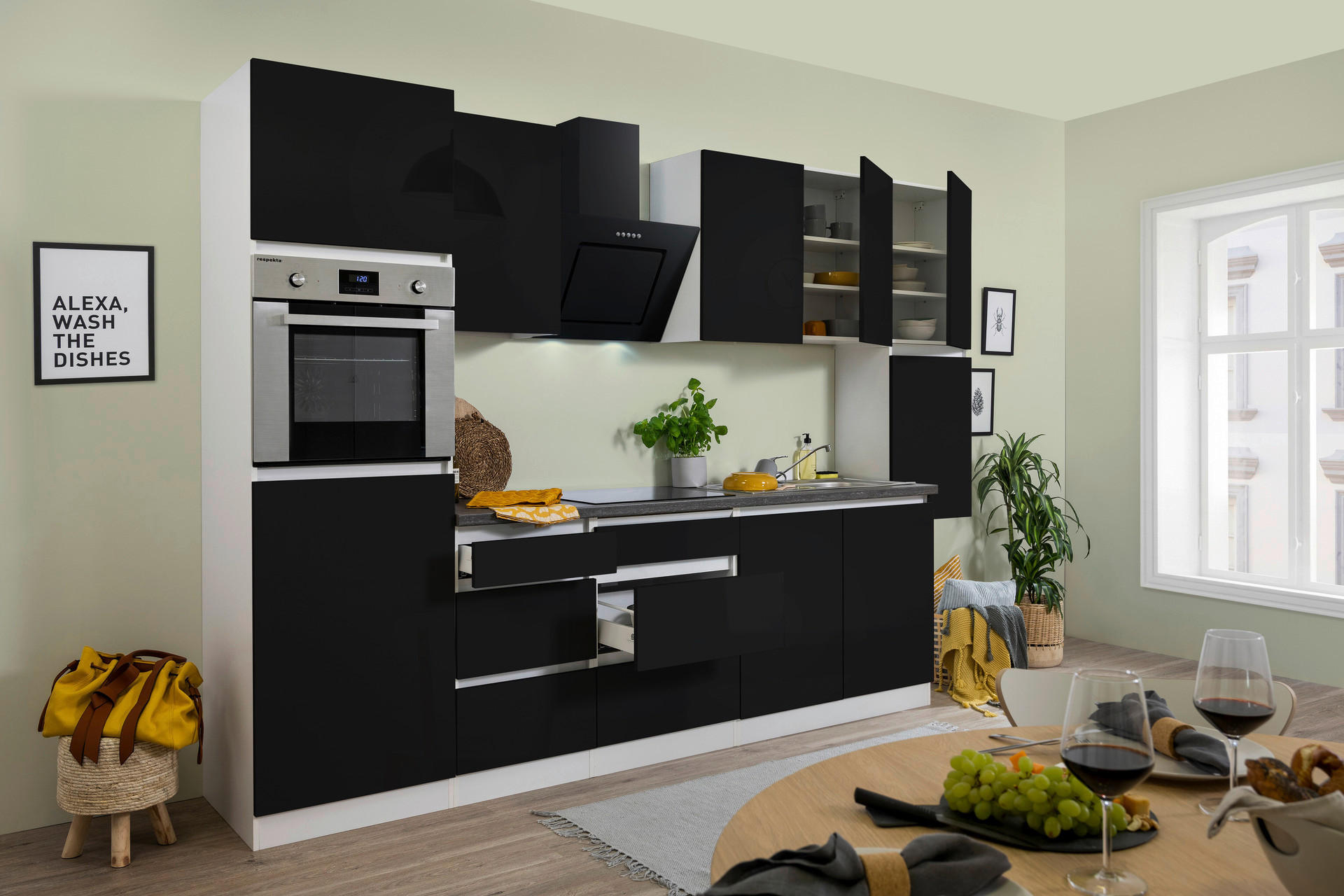 Respekta Küchenblock Premium schwarz hochglänzend B/H/T: ca. 320x220,5x60 cm Premium - weiß/granit (320,00/220,50/60,00cm) - Respekta