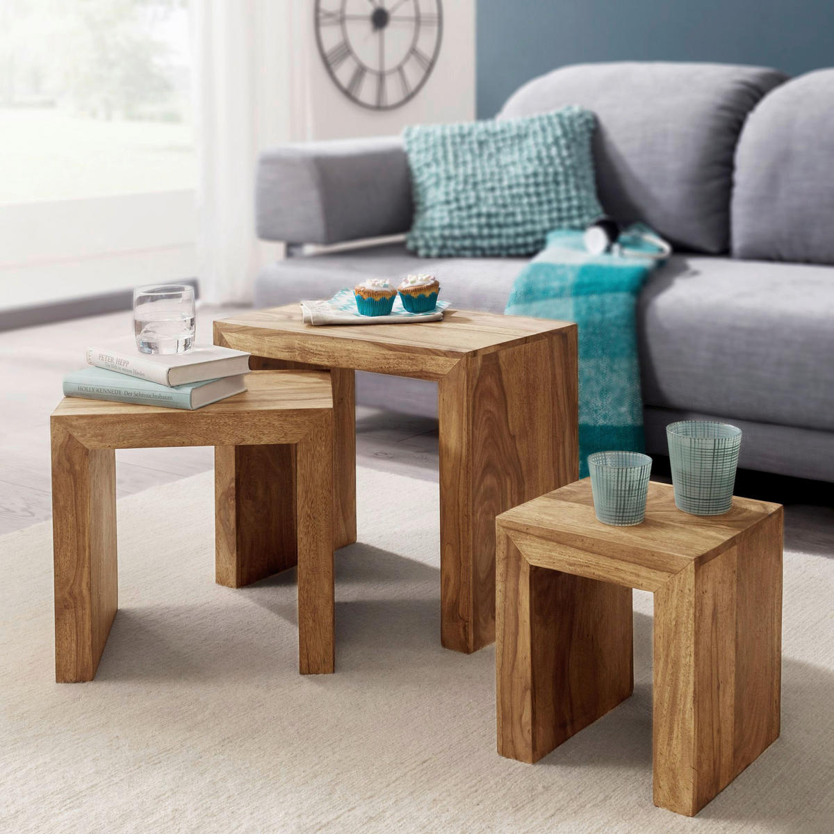 Beistelltisch 3er-Set natur Akazie 3er-Set - natur - Wohnling