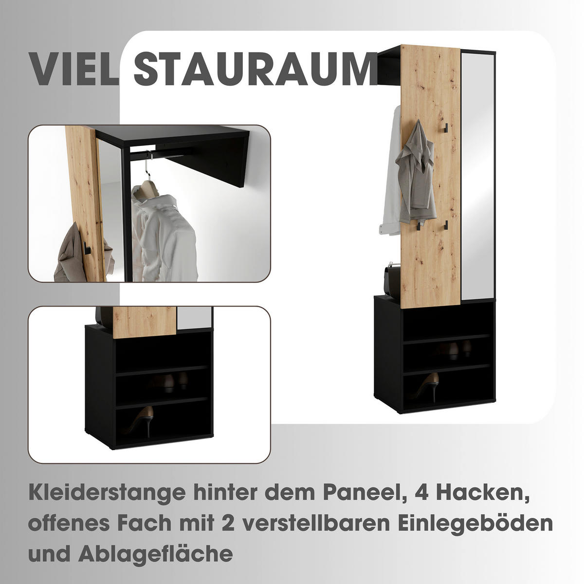 Garderobenset ANDORRA Eiche schwarz B/H/T: ca. 55x187,5x40,5 cm ANDORRA - Eiche/schwarz (55,00/187,50/40,50cm) - byLIVING