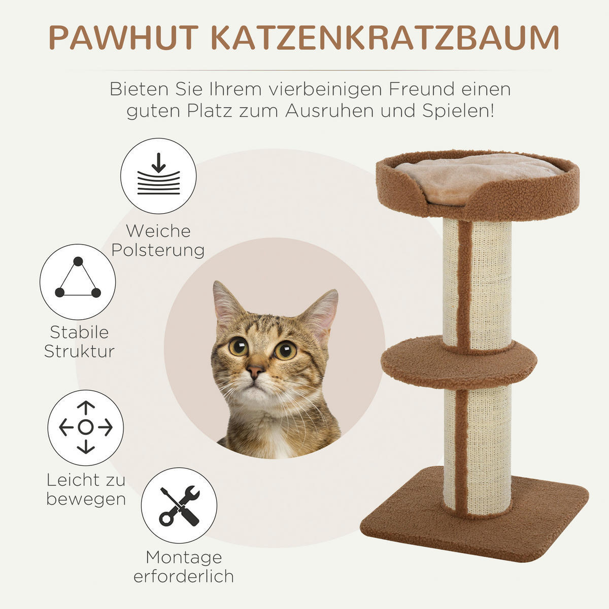 PawHut Kratzbaum hellbraun Edelstahl B/H/L: ca. 45x45x91 cm Kratzbaum - hellbraun (91,00/45,00/45,00cm) - PawHut