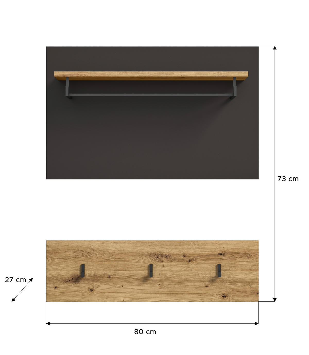 Garderobenpaneel CANU edles Basaltgrau Nachbildung Eiche Artisan Nachbildung B/H/T: ca. 80x73x27 cm CANU - Eiche/edles Basaltgrau (80,00/73,00/27,00cm) - xonox.home