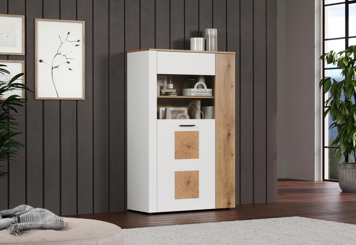 Vitrine Vitoria weiß Eiche Evoke Coast Nachbildung B/H/T: ca. 90x146x42 cm Vitoria - Eiche/weiß (90,00/146,00/42,00cm)