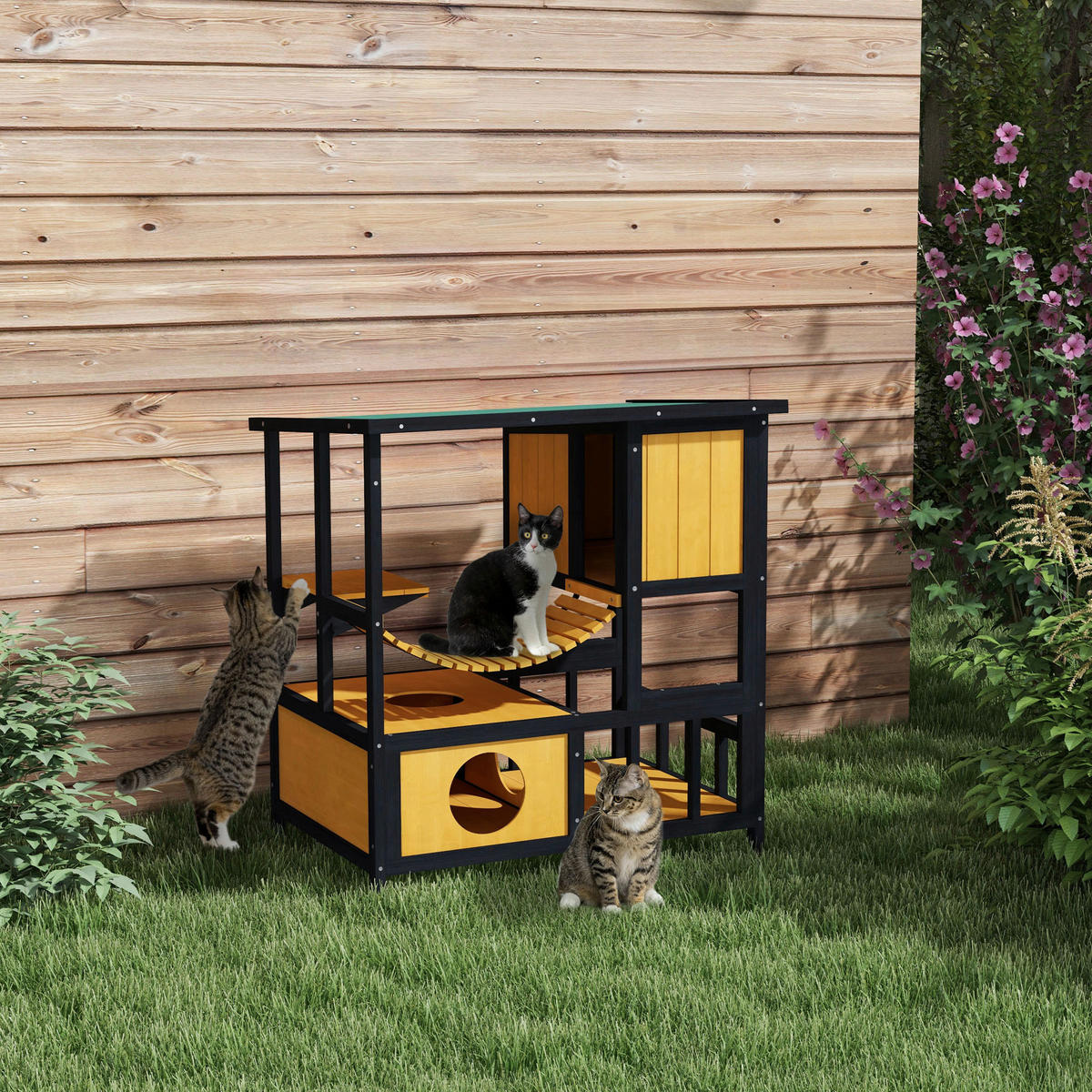 PawHut Katzen-Zubehör schwarz Polypropylen B/H/L: ca. 60x84,5x88 cm Katzenhaus - gelb/schwarz (88,00/60,00/84,50cm) - PawHut
