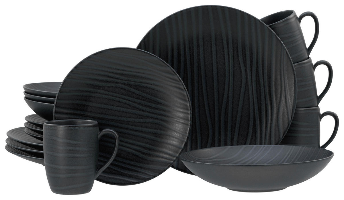 CreaTable Kombiservice Waves schwarz Steinzeug 16 tlg. Waves - schwarz - CreaTable