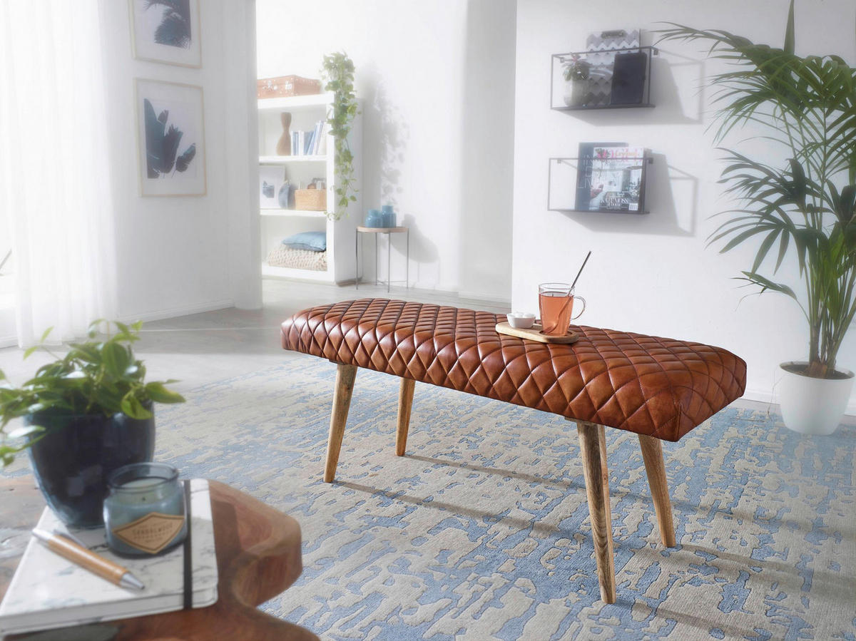 Wohnling Sitzbank braun natur Leder Echtholz B/H/T: ca. 115x53x38 cm Sitzbank - braun/natur (115,00/53,00/38,00cm) - Wohnling