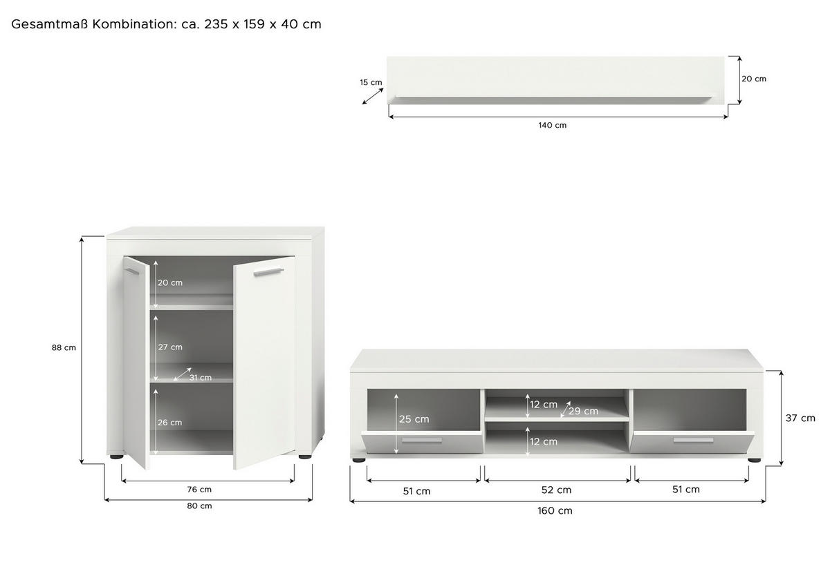 Wohnwand Jam weiß B/H/T: ca. 255x159x35 cm Jam - weiß (255,00/159,00/35,00cm) - xonox.home