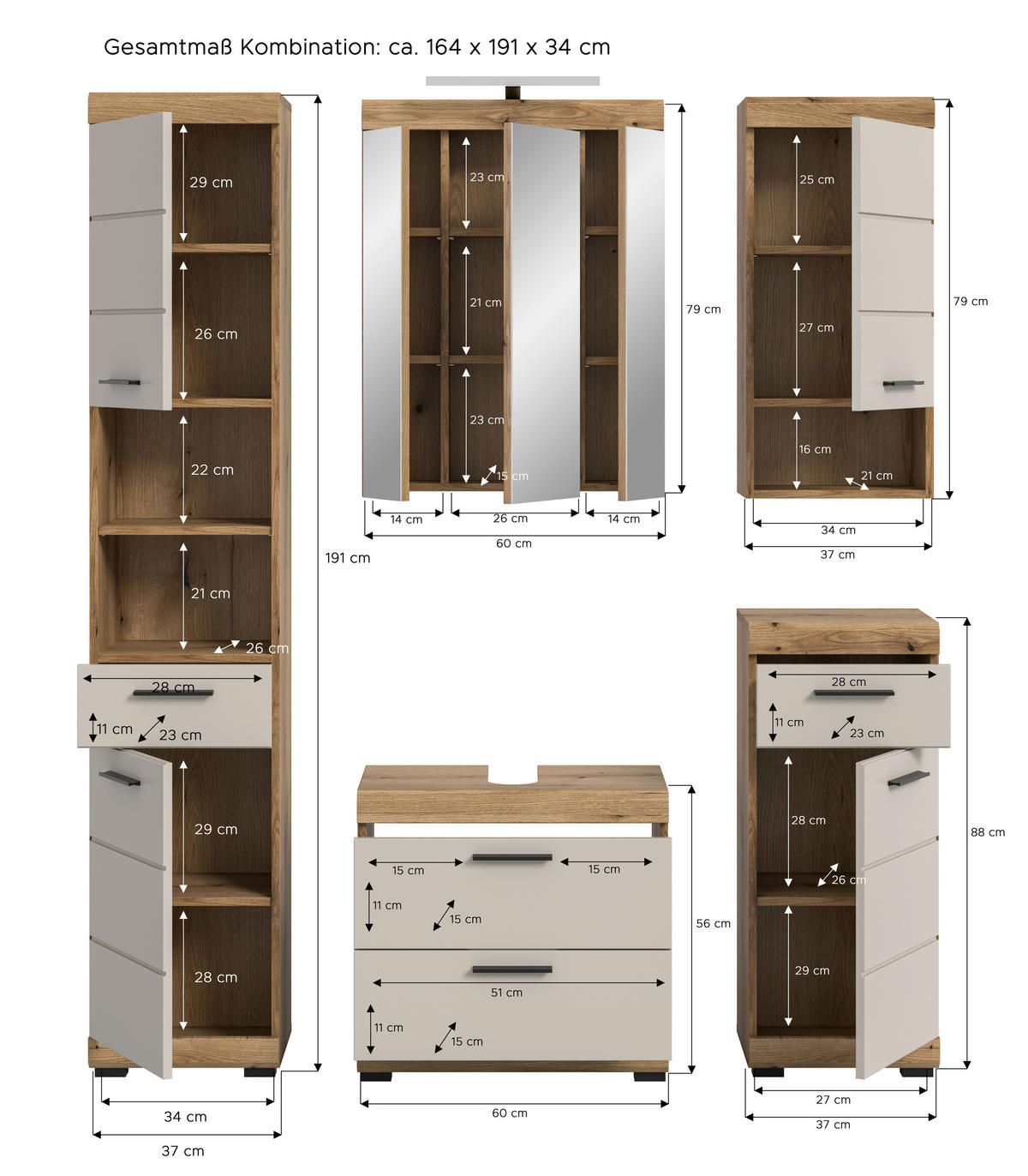 Badezimmer-Set Scout Evoke Oak Nachbildung Kaschmirgrau Nachbildung B/H/T: ca. 164x191x34 cm Scout - Kaschmirgrau (164,00/191,00/34,00cm) - xonox.home