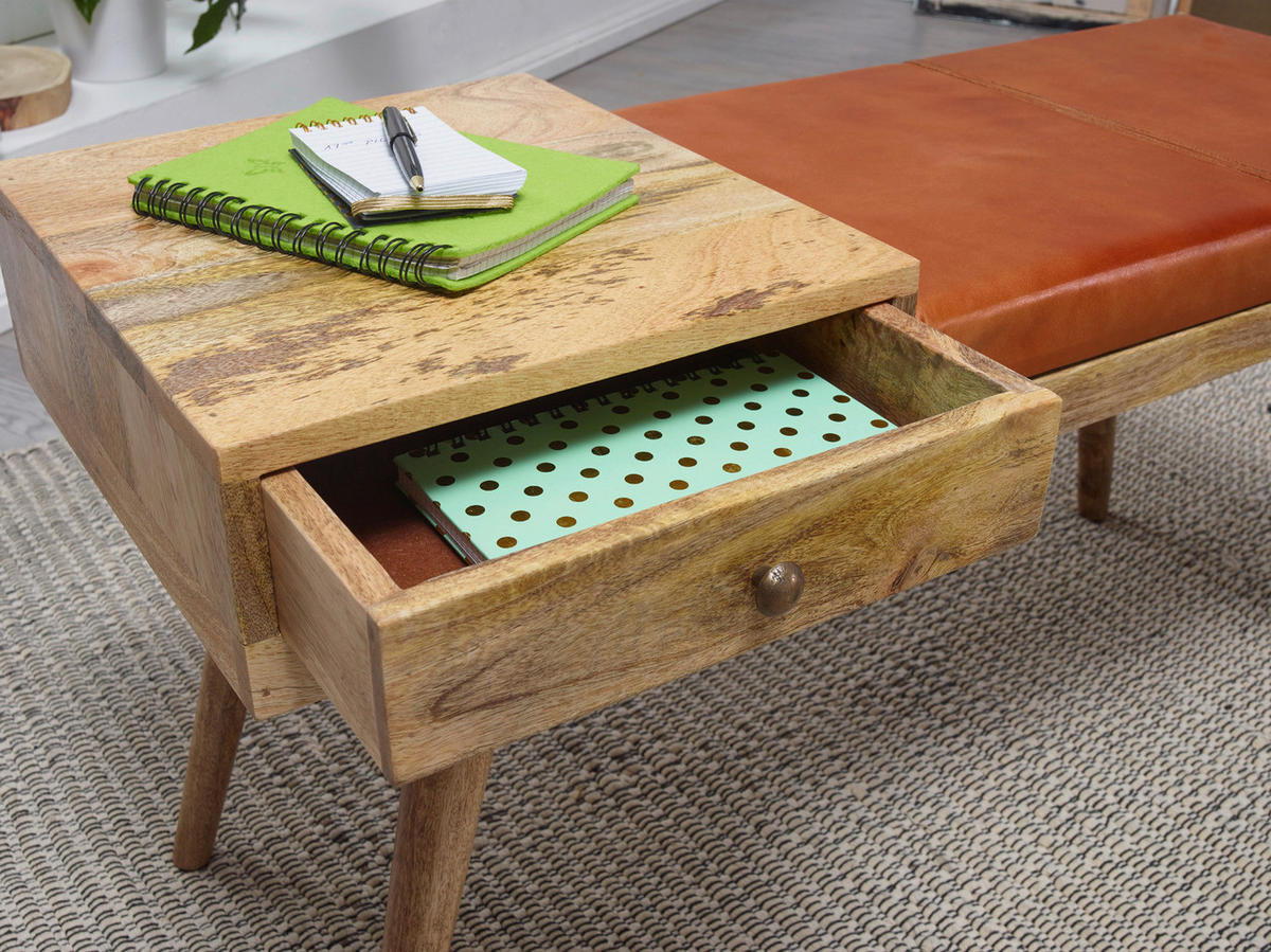Wohnling Sitzbank natur braun Echtholz Leder B/H/T: ca. 100x52x38 cm Sitzbank - braun/natur (100,00/52,00/38,00cm) - Wohnling