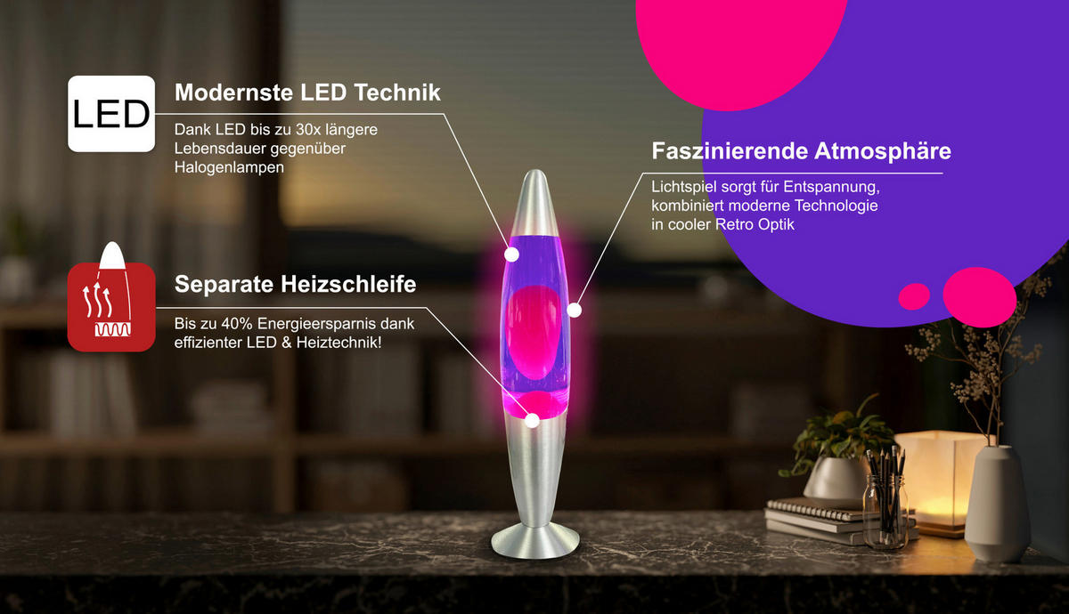 HWH LED-Lavalampe lila pink Aluminium Glas H/D: ca. 34x62 cm LED-Lavalampe - lila/pink (62,00/34,00cm) - HWH