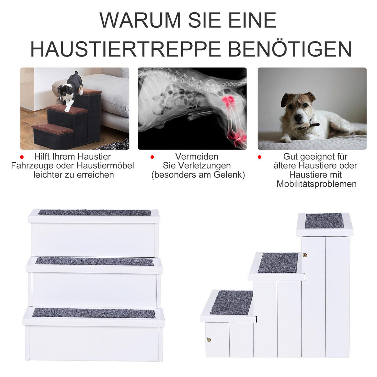 PawHut Haustiertreppe weiß Kiefer B/H/L: ca. 45x38x41 cm Haustiertreppe - weiß (41,00/45,00/38,00cm) - PawHut