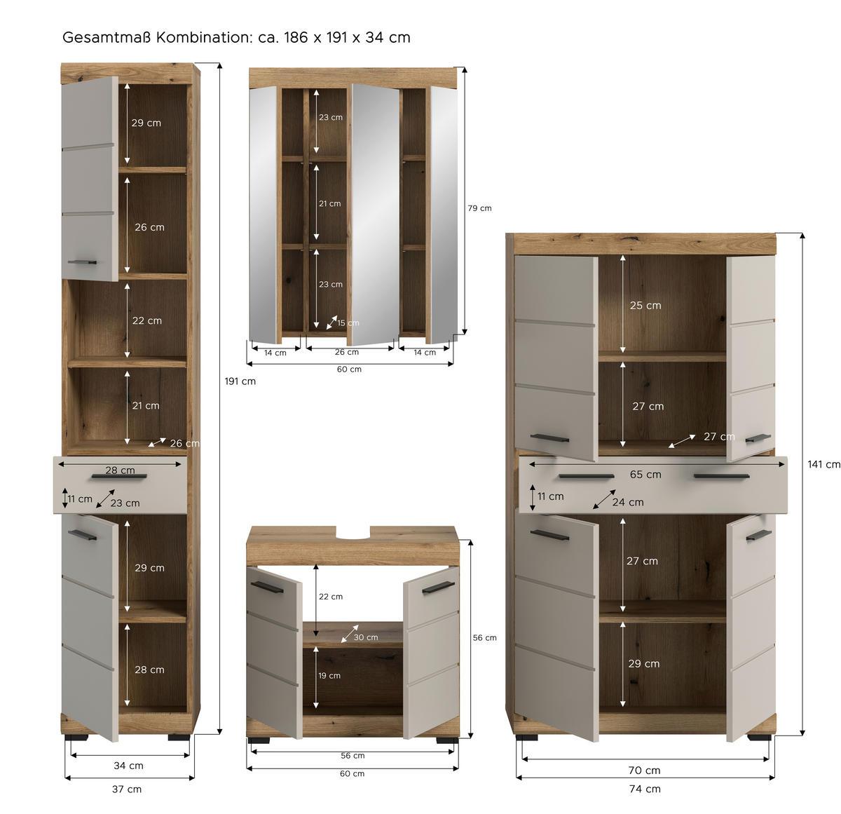 Badezimmer-Set Scout Evoke Oak Nachbildung Kaschmirgrau Nachbildung B/H/T: ca. 201x191x34 cm Scout - Kaschmirgrau (201,00/191,00/34,00cm) - xonox.home