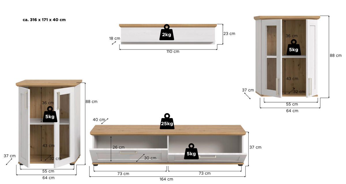 Wohnwand VERONA Lärche Nachbildung Eiche Nachbildung B/H/T: ca. 336x161x40 cm VERONA - Eiche/Lärche (336,00/161,00/40,00cm) - xonox.home