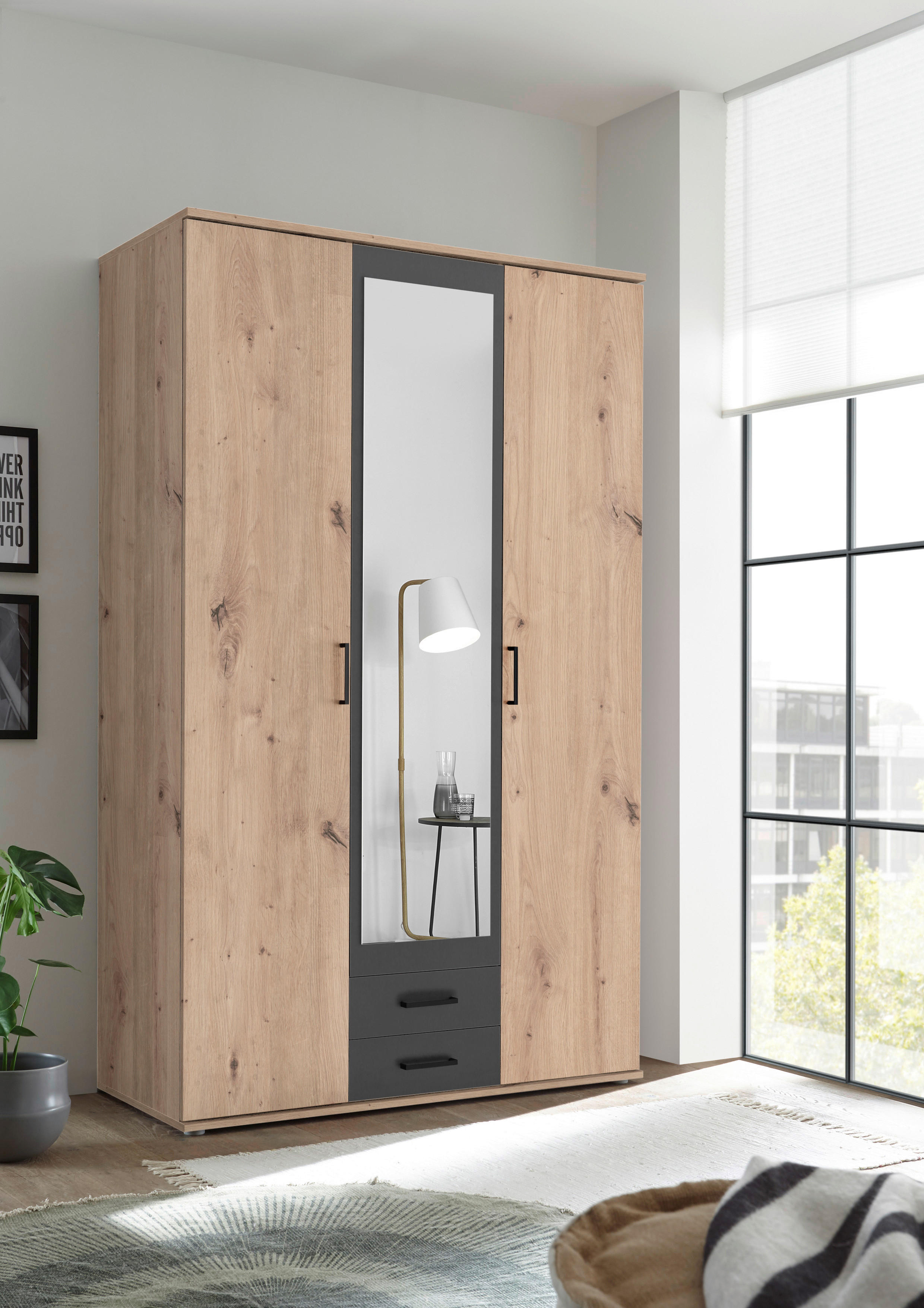 Kleiderschrank Eiche Artisan Nachbildung B/H/T: ca. 120x197x54 cm Chicago_Kleiderschrank - Eiche/Graphit (120,00/197,00/54,00cm)