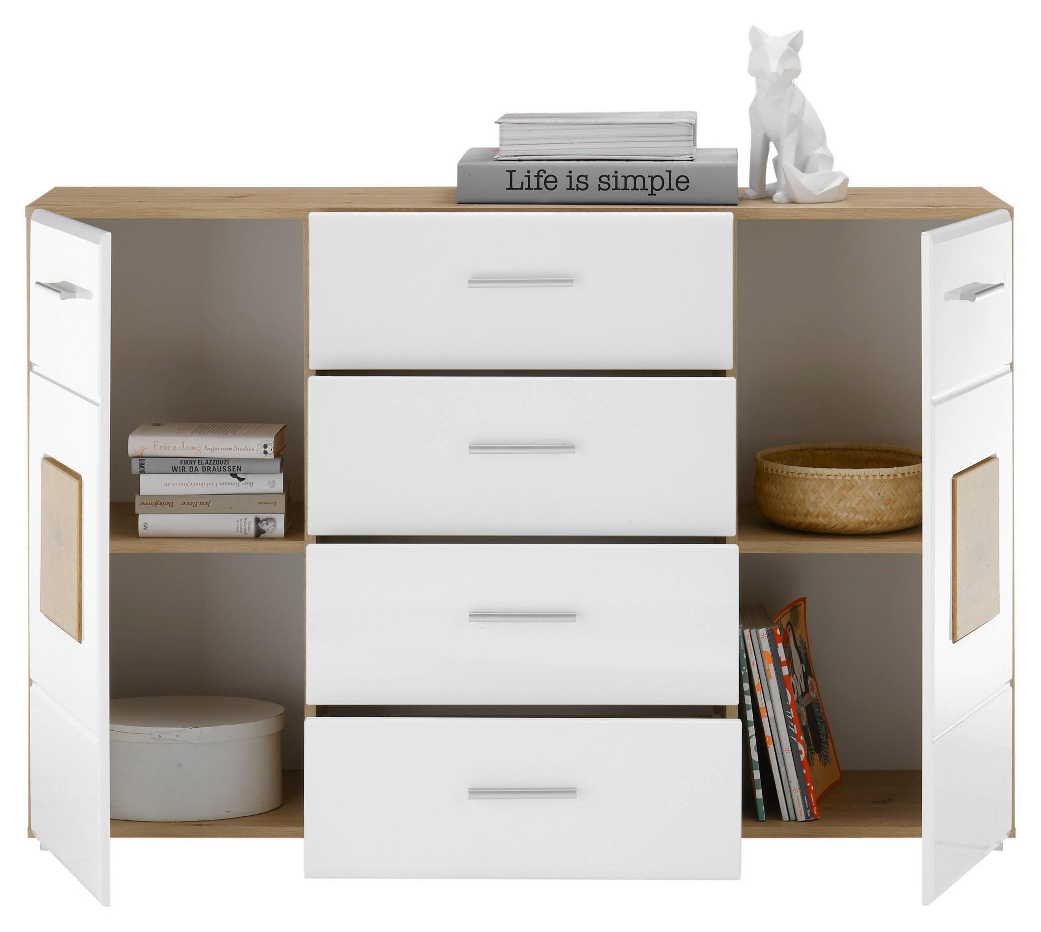 Kommode Georgia Eiche Artisan Nachbildung weiß Hochglanz Hirnholz Optik B/H/T: ca. 140x92x38 cm Georgia - Eiche/weiß (140,00/92,00/38,00cm)