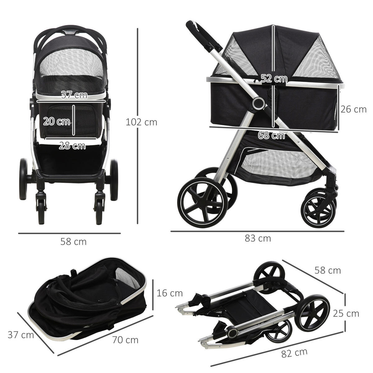 PawHut Hunde-Zubehör schwarz Polyester B/H/L: ca. 58x83x102 cm Hundewagen - schwarz (102,00/58,00/83,00cm) - PawHut
