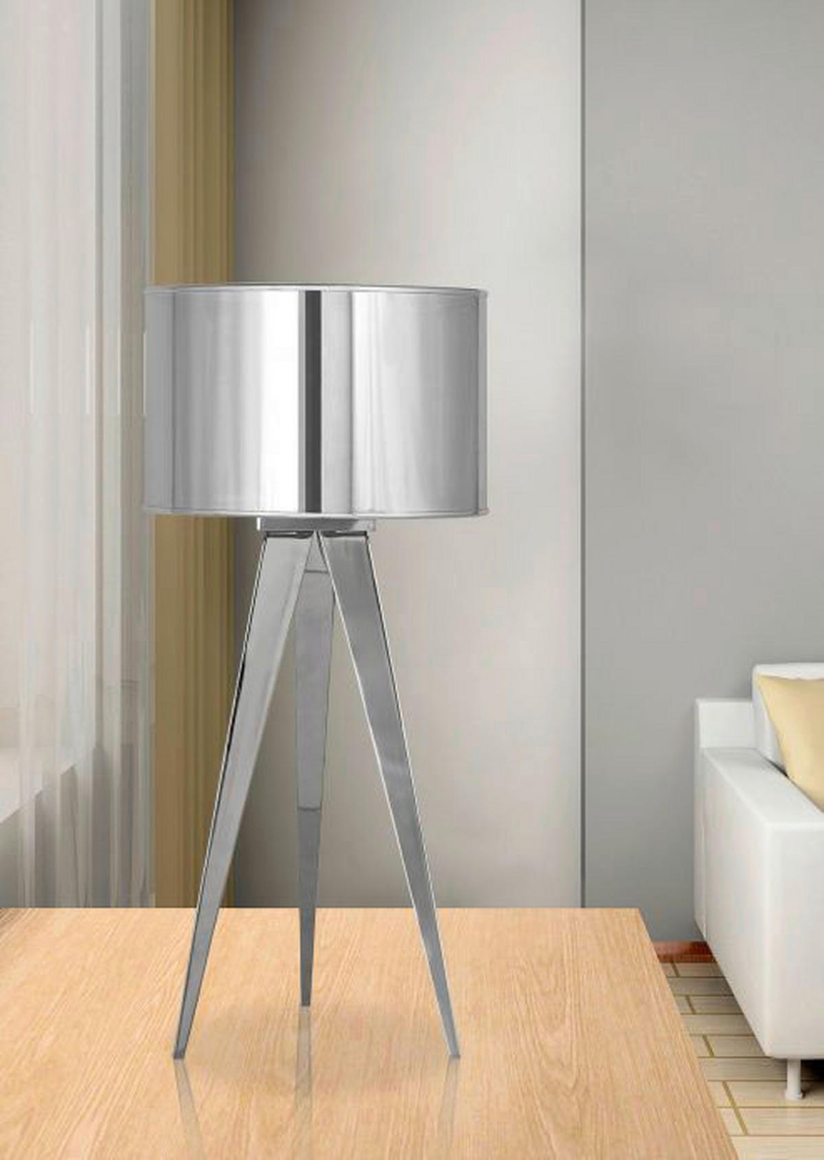 Näve Leuchten Hockerleuchte Chrom Holz Stoff H/D: ca. 62x28 cm 1 Brennstellen Tripod - Chrom (28,00/62,00cm) - Näve Leuchten