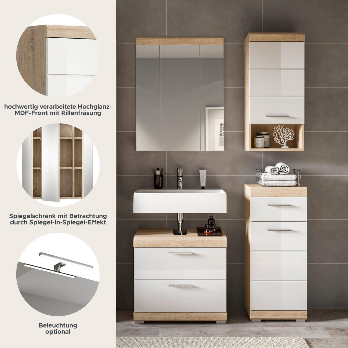 Badezimmer-Set Lambada Eiche Sonoma Nachbildung weiß Hochglanz B/H/T: ca. 112x191x37 cm Lambada - Eiche/weiß (112,00/191,00/37,00cm) - xonox.home