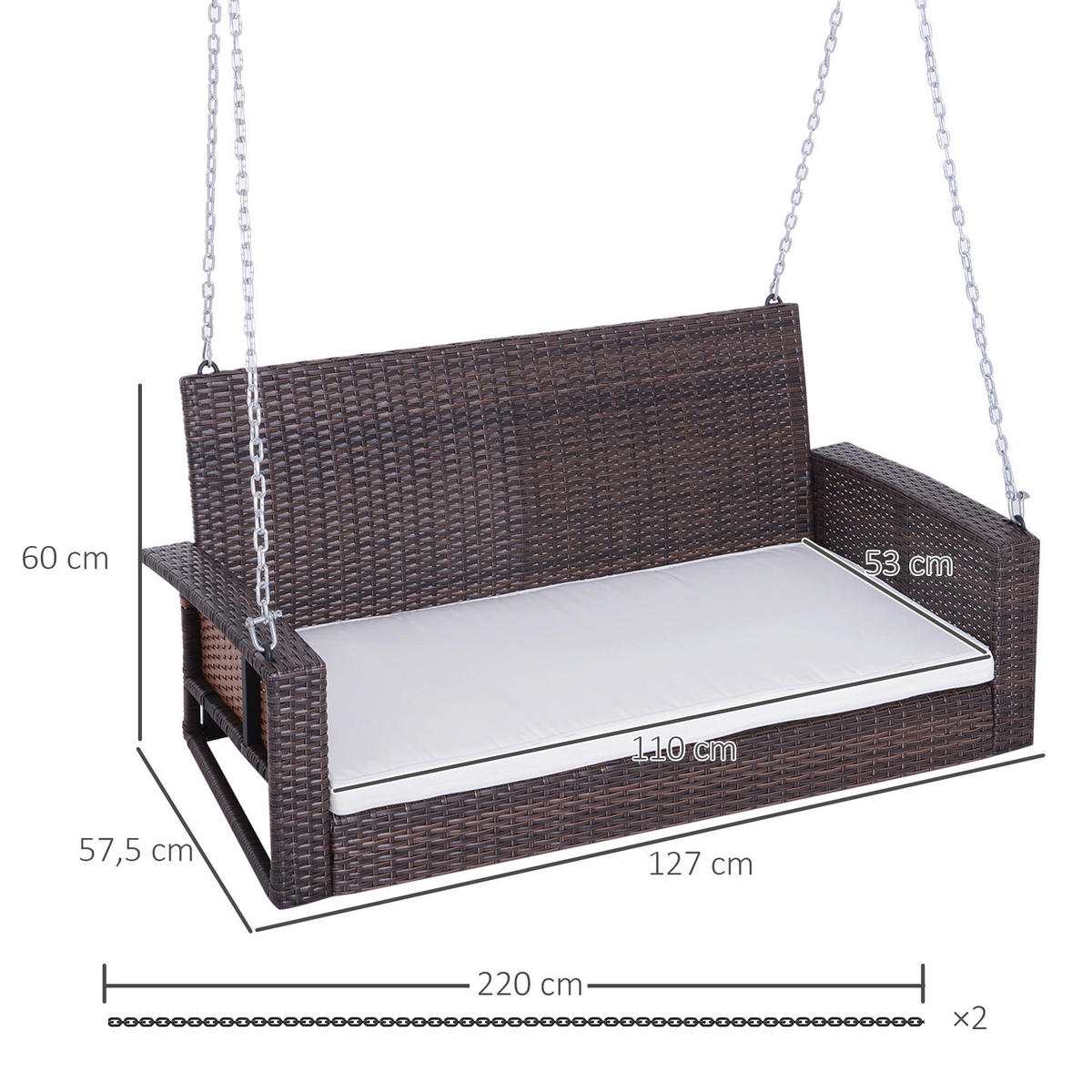 Outsunny Hollywoodschaukel braun Edelstahl B/H/L: ca. 65x127x60 cm Hollywoodschaukel_2-Sitzer - beige/braun (60,00/65,00/127,00cm) - Outsunny