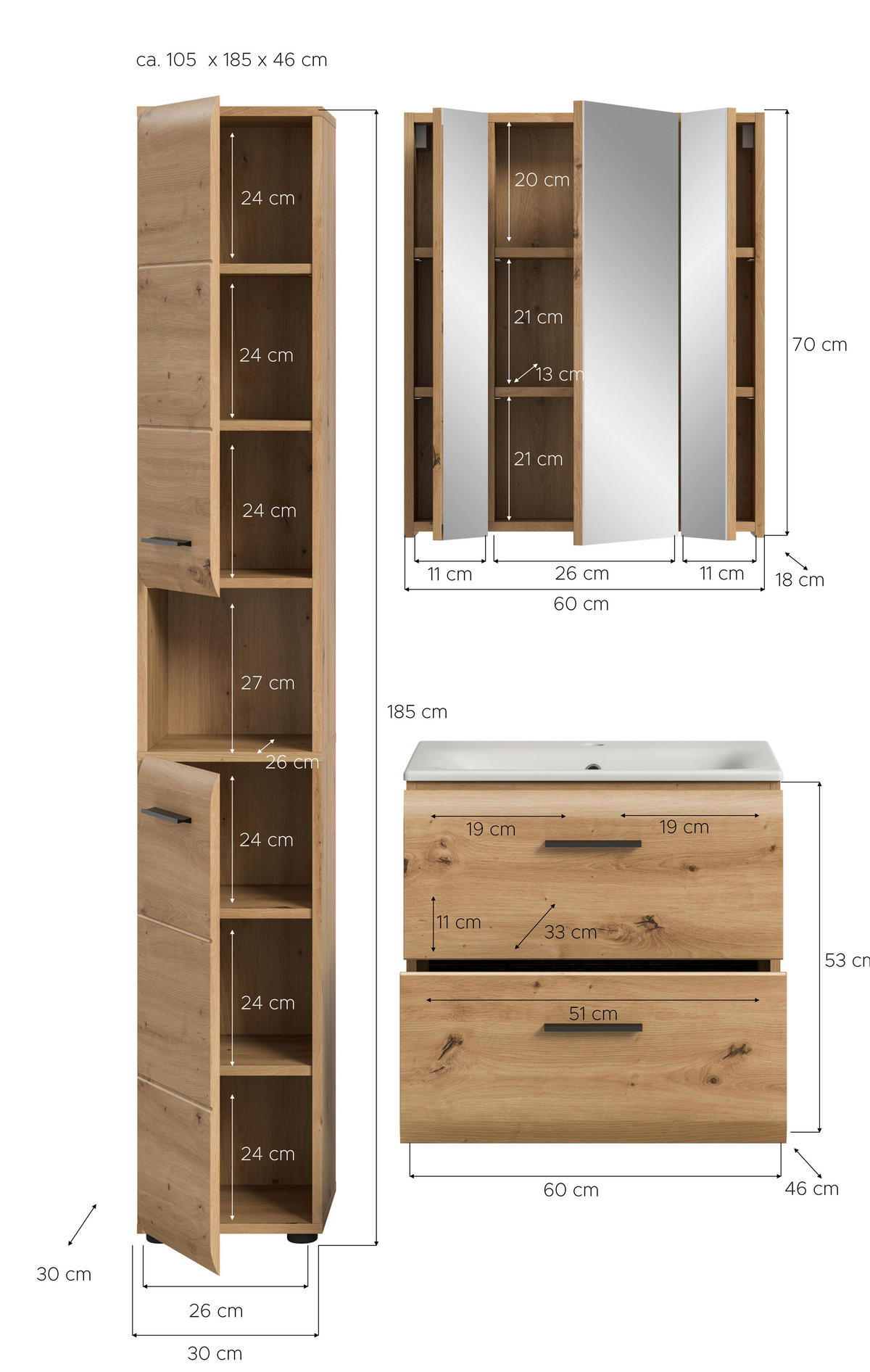 Badezimmer-Set Ice Artisan Oak Nachbildung B/H/T: ca. 105x185x46 cm Ice - (105,00/185,00/46,00cm) - xonox.home