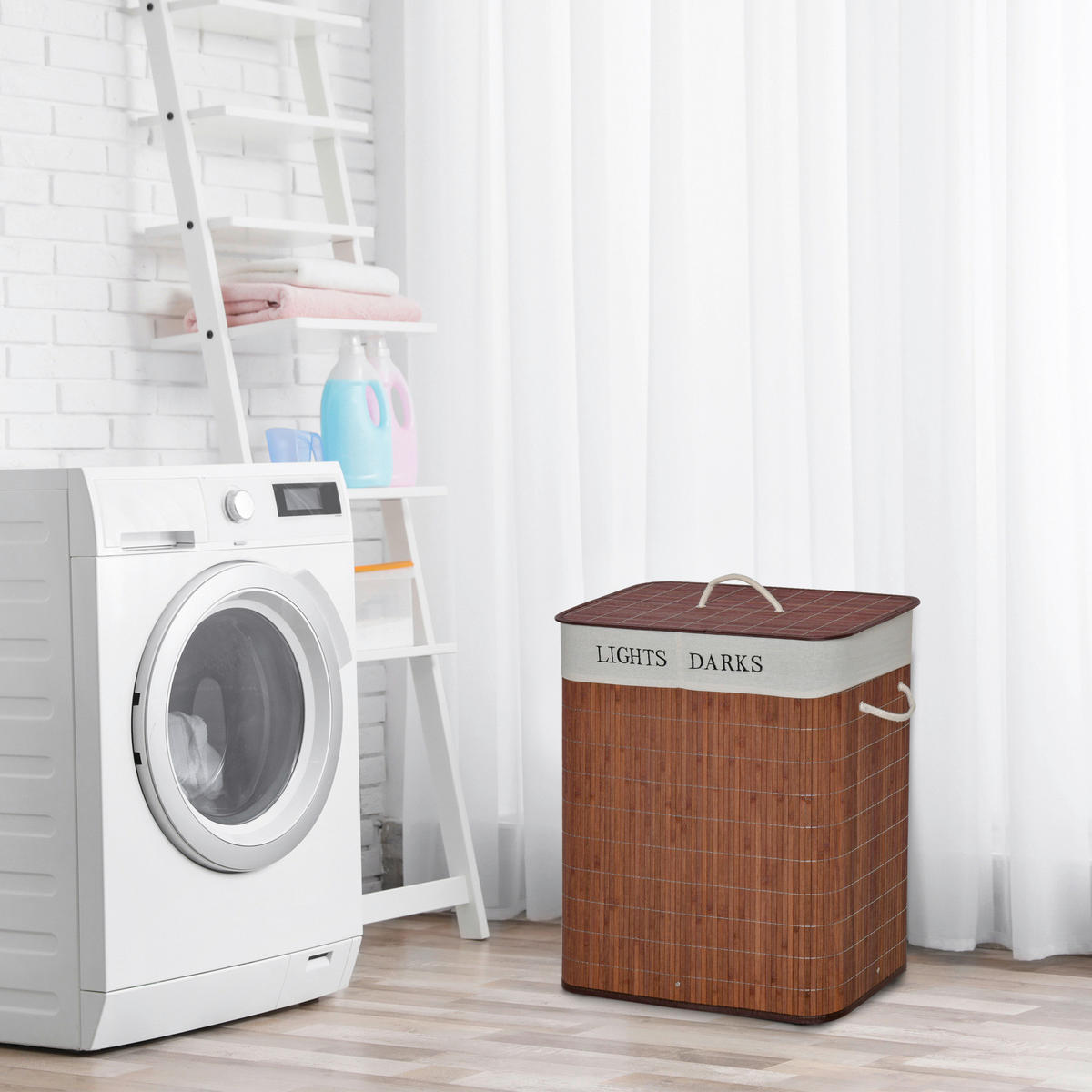 HOMCOM Wäschekorb weiß B/H/L: ca. 32x52x63 cm Wäschekorb - braun/weiß (63,00/32,00/52,00cm) - HOMCOM