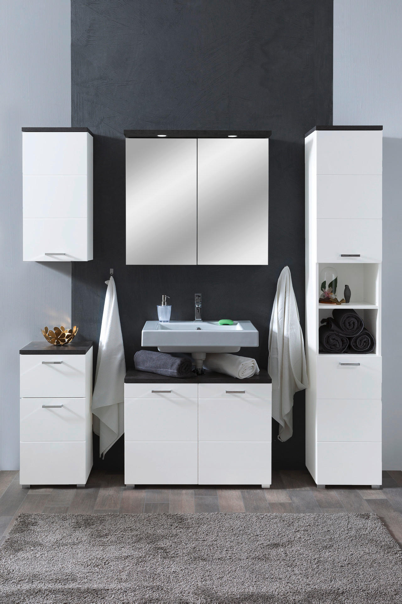 Thumbnail - Badkommode Praya Dark Concret Nachbildung weiß Hochglanz B/H/T: ca. 36x73x32 cm