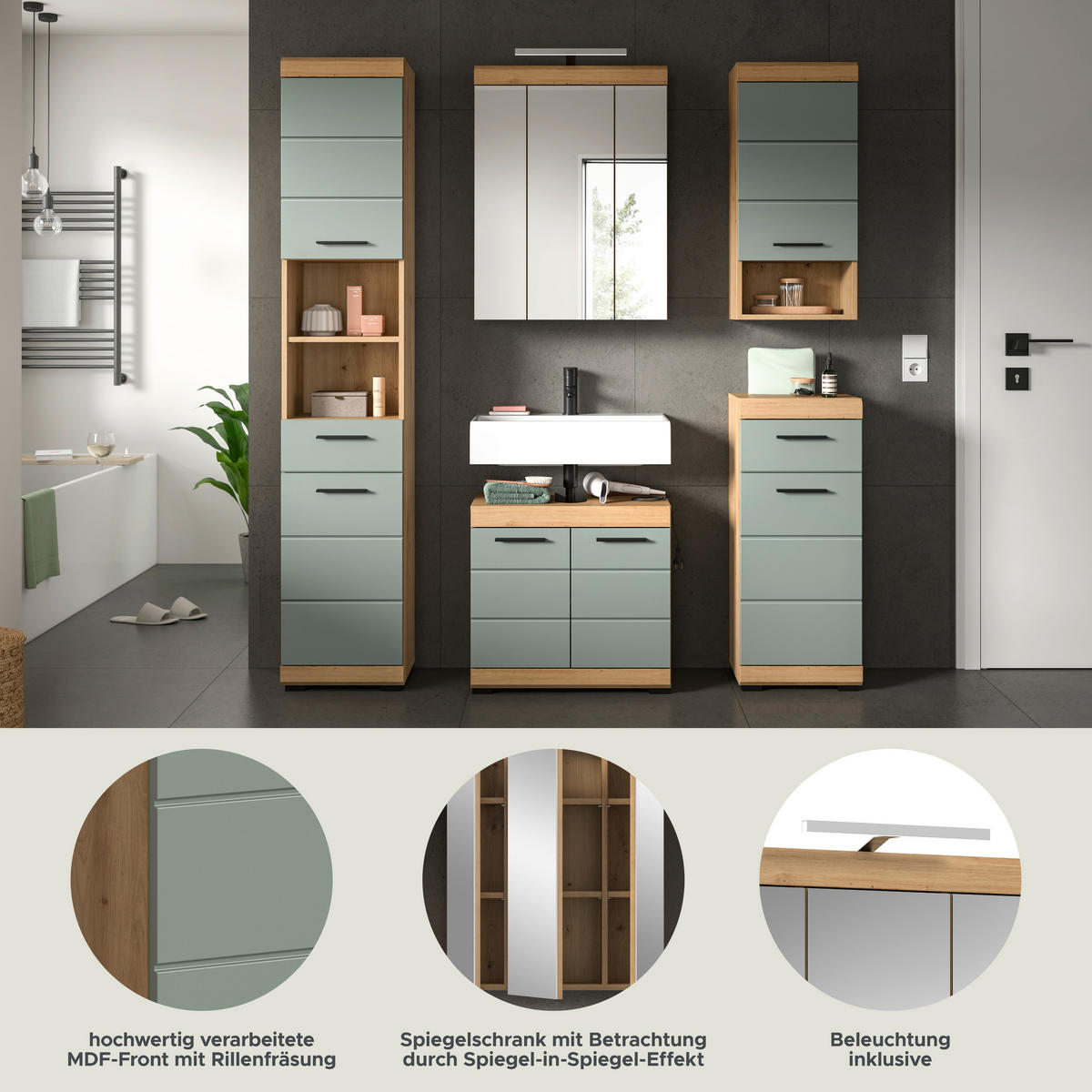 Badezimmer-Set Scout Eiche Artisan Nachbildung salbei Nachbildung B/H/T: ca. 164x191x34 cm Scout - Eiche/salbei (164,00/191,00/34,00cm) - xonox.home
