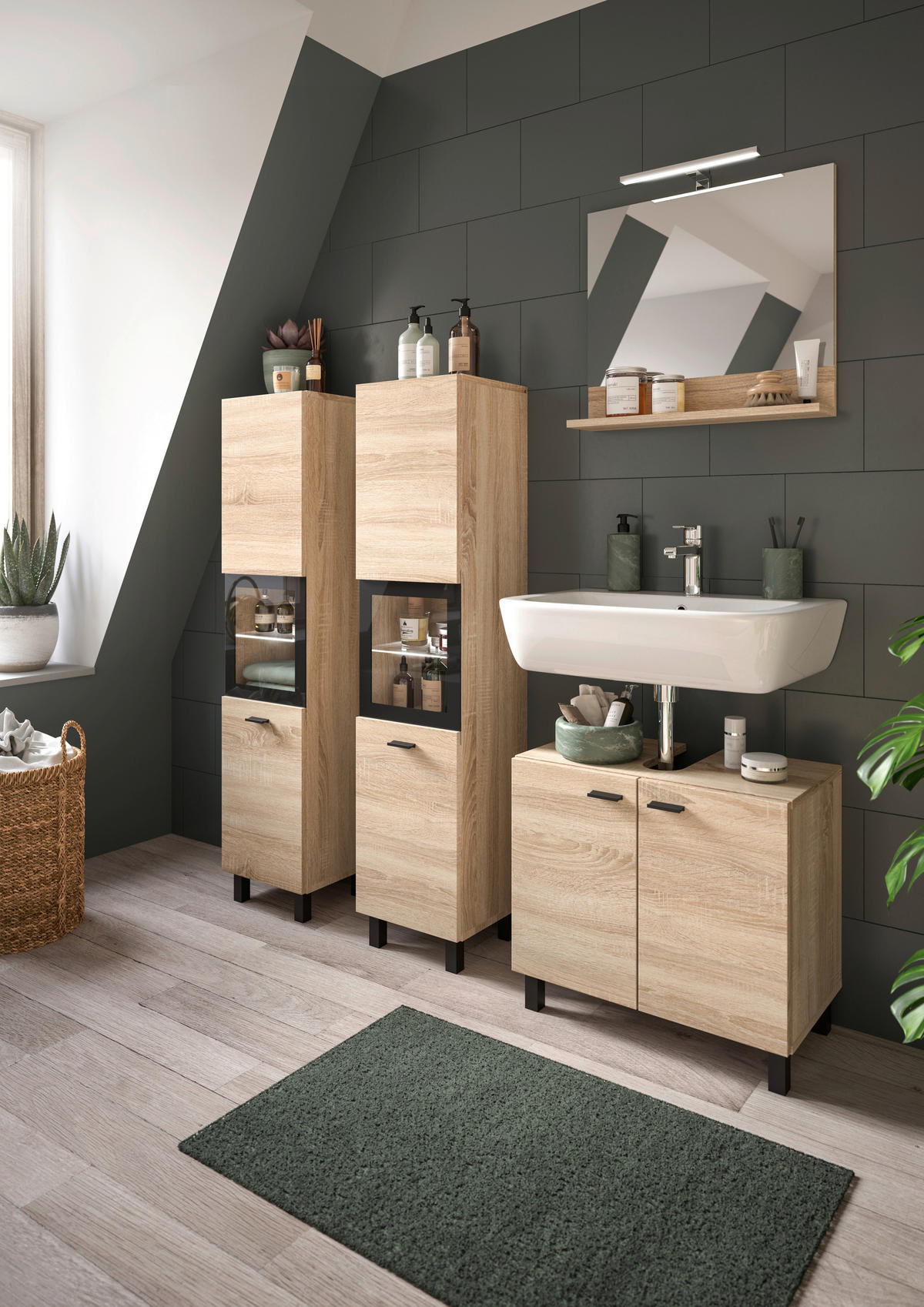 Badezimmer-Set BOSTON Eiche Sonoma Nachbildung schwarz B/H/T: ca. 137x186x33 cm BOSTON - Eiche/schwarz (137,00/186,00/33,00cm) - xonox.home