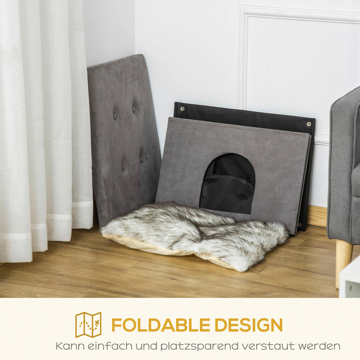 PawHut Katzenhaus grau Polyester B/H/L: ca. 45x44,5x60 cm Katzenhaus - grau (60,00/45,00/44,50cm) - PawHut