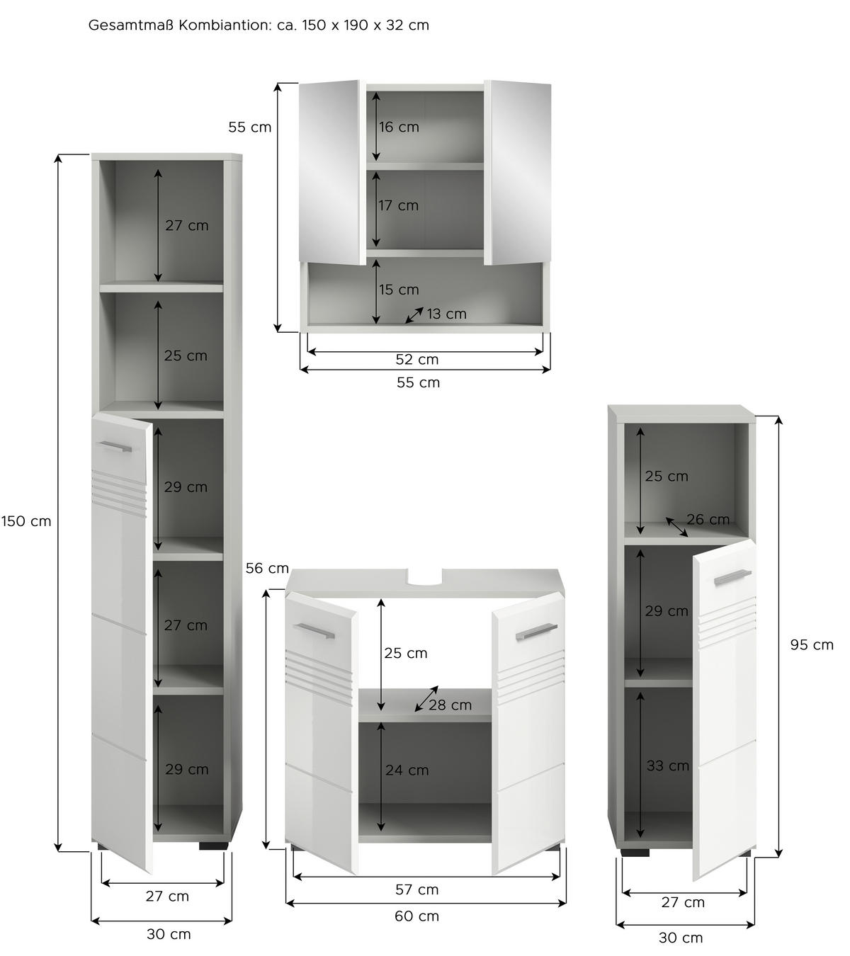 Badblock Copa hellgrau weiß Hochglanz B/H/T: ca. 150x190x32 cm Copa - hellgrau/weiß (150,00/190,00/32,00cm) - xonox.home