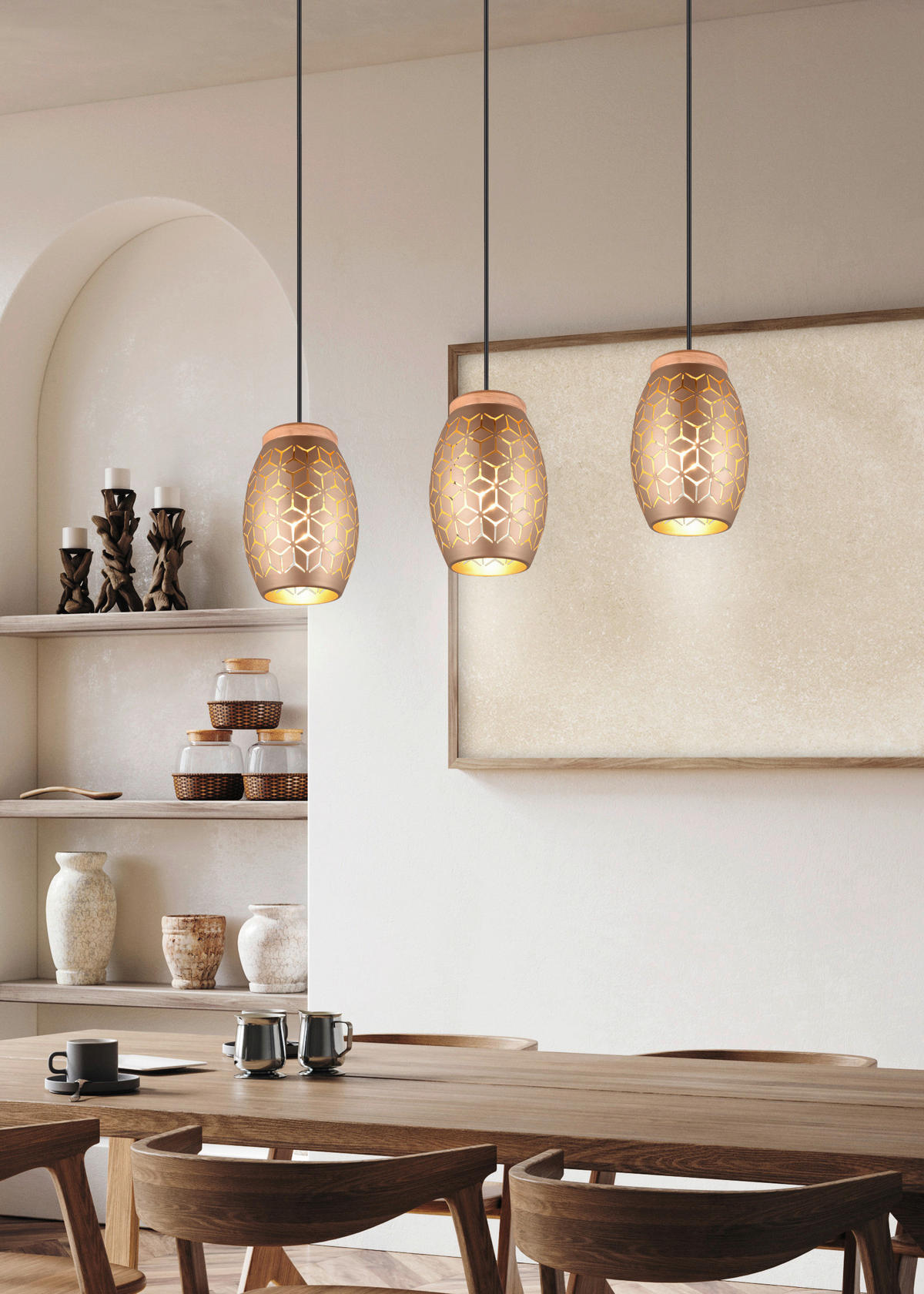 Reality Pendelleuchte gold Metall Holz B/H/L/D: ca. 71x150x15x15 cm E27 3 Brennstellen Pendelleuchte_Bidar - gold (15,00/71,00/150,00cm) - Reality