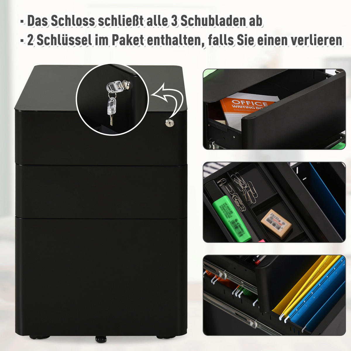 Rollcontainer 924-006BK schwarz B/H/T: ca. 39x59x48 cm 924-006BK - schwarz (39,00/59,00/48,00cm) - Vinsetto