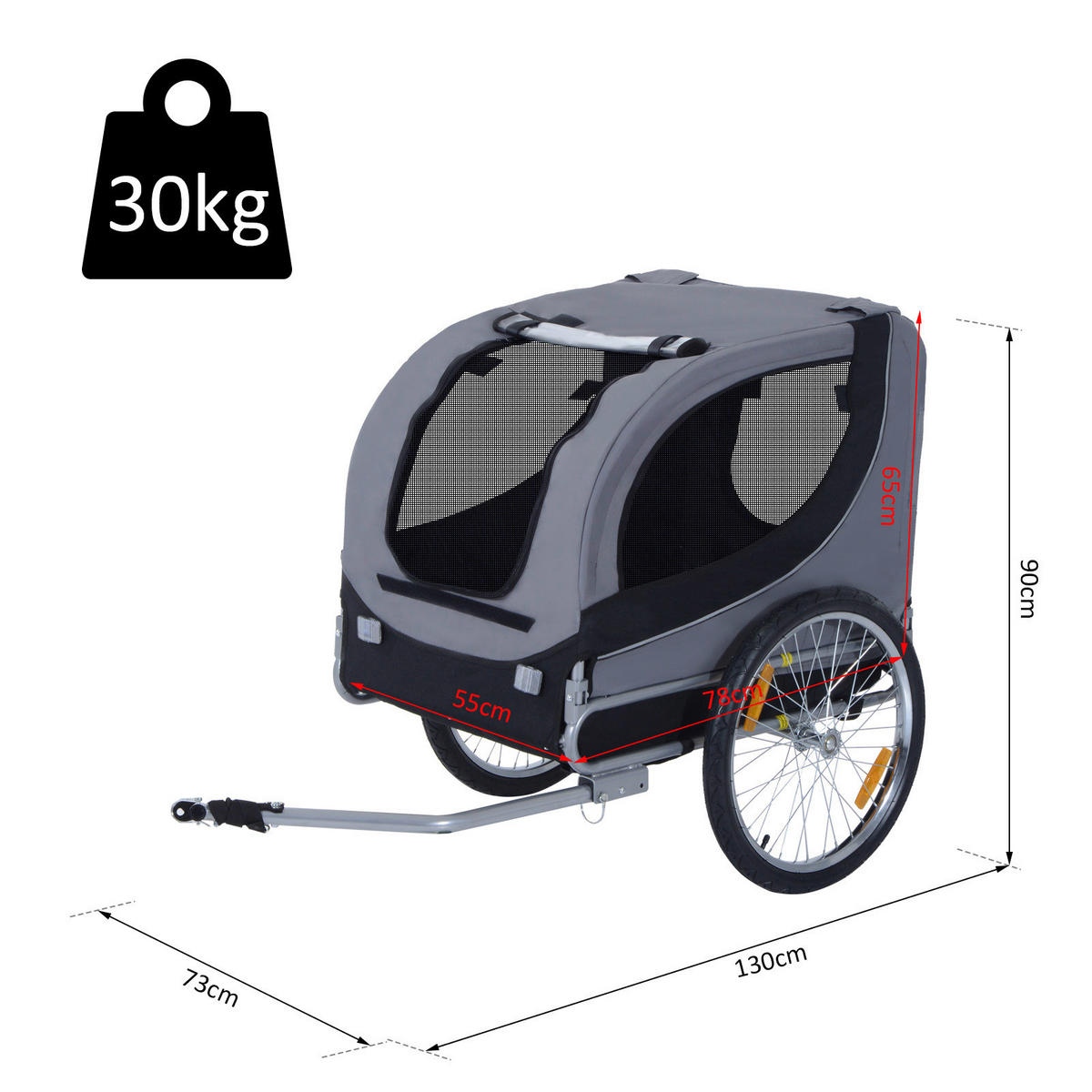 PawHut Fahrradanhänger für Hunde 20 Zoll grau grau B/H/L: ca. 90x110x130 cm Radanhänger f. Hunde D00-050 - grau (130,00/90,00/110,00cm) - PawHut