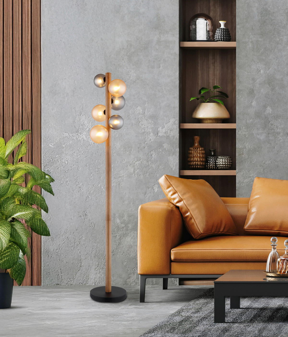 GLOBO LED-Stehleuchte dunkelbraun Rauch amber Holz Glas Metall H/D: ca. 150x29 cm 6 Brennstellen RIHA - dunkelbraun/amber (29,00/150,00cm) - GLOBO