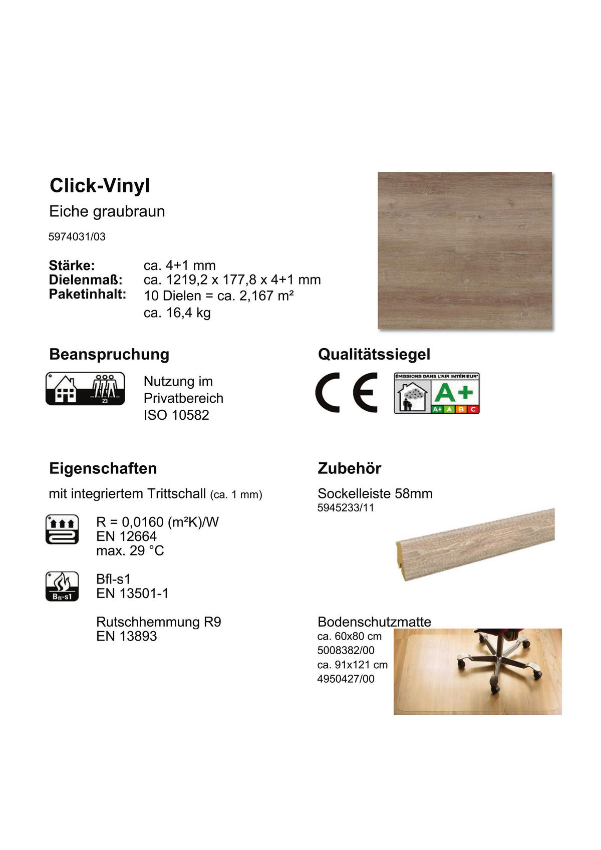 Click-Vinylboden Eiche graubraun ca.2,17 m² im Paket  B/L: ca. 17,78x121,92 cm pro Paket Eiche graubraun ca.2,17 m² im Paket - (17,78/121,92cm)