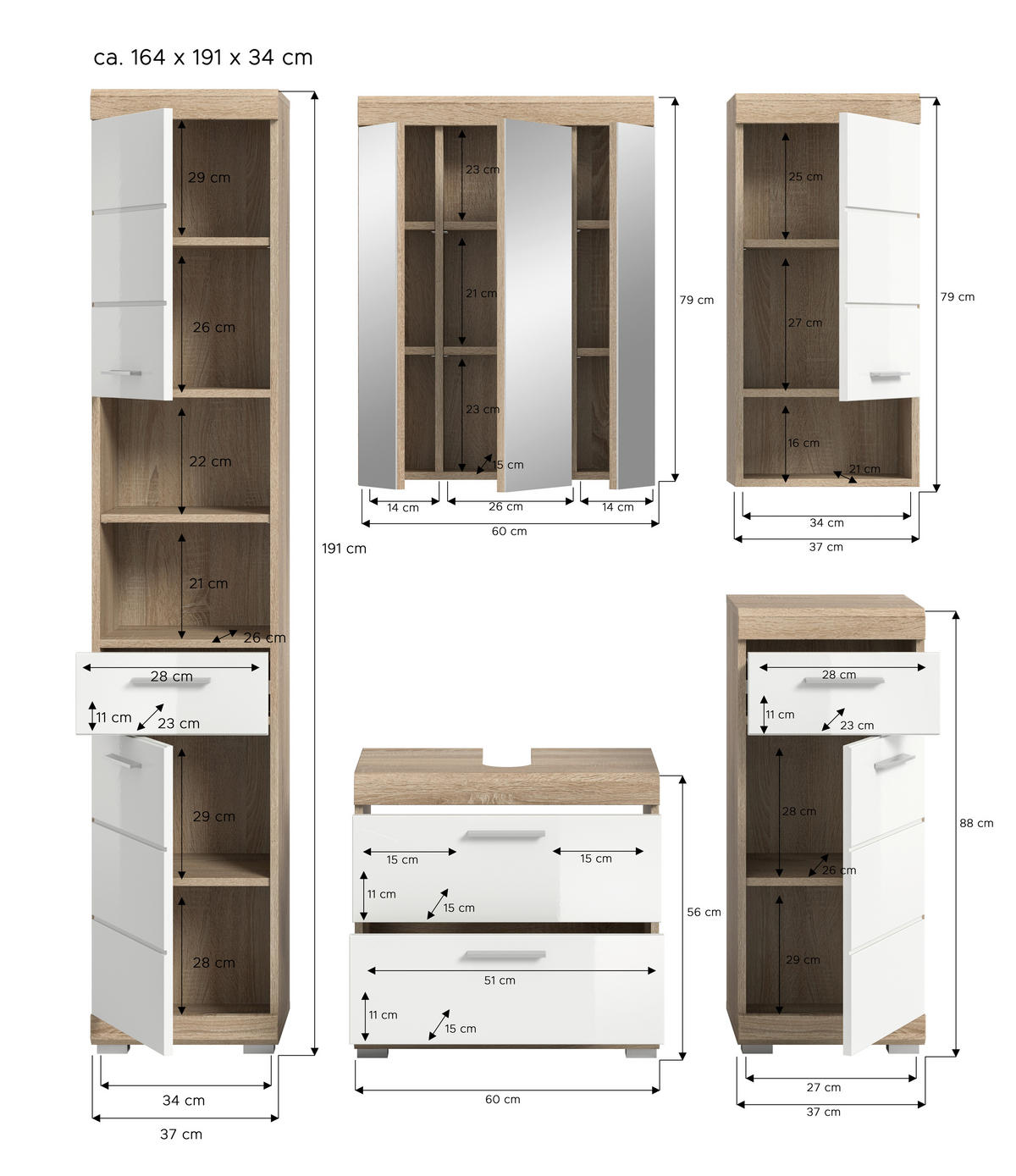 Badezimmer-Set Lambada Eiche Sonoma Nachbildung weiß Hochglanz B/H/T: ca. 164x191x37 cm Lambada - Eiche/weiß (164,00/191,00/37,00cm) - xonox.home