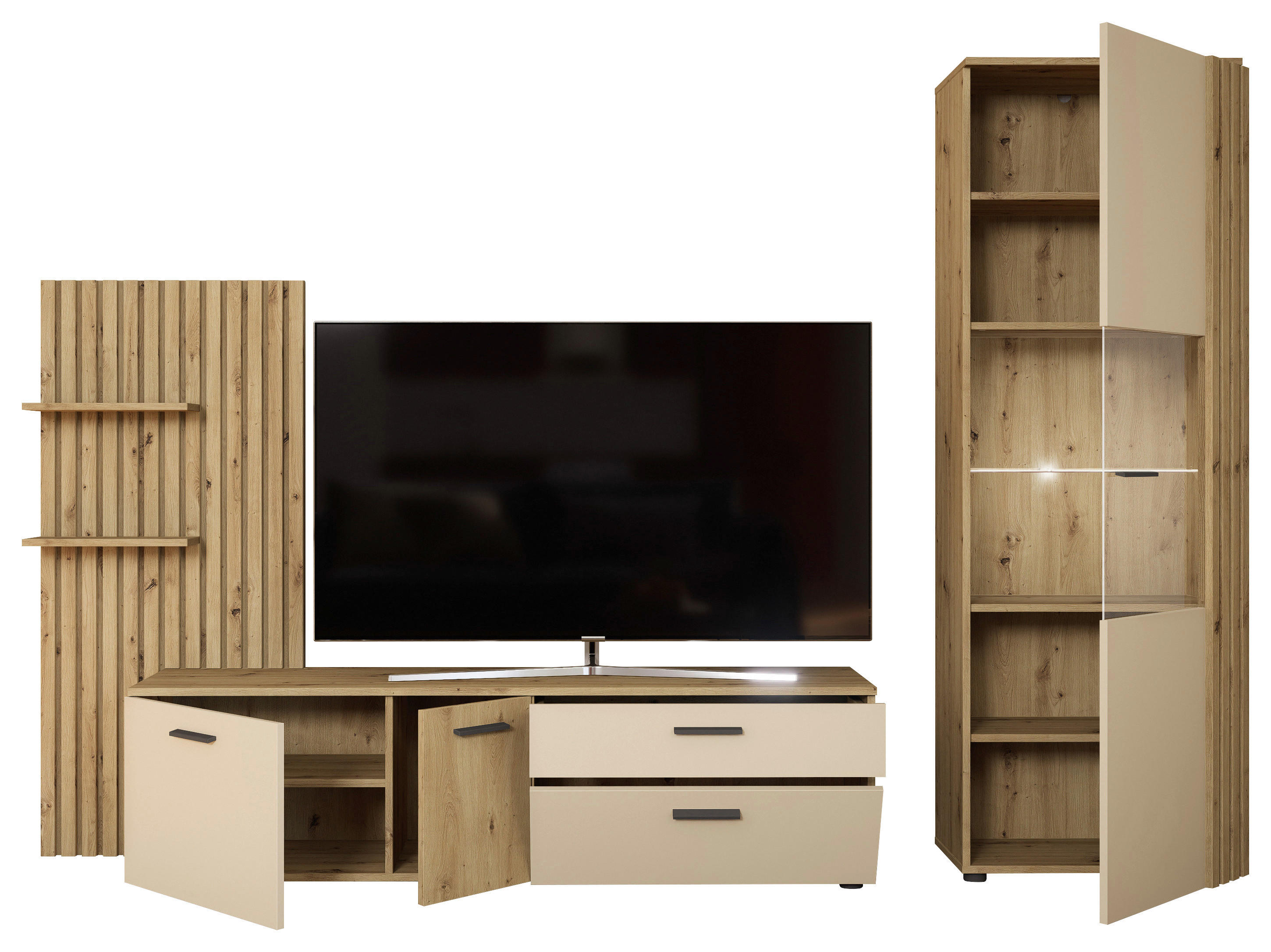 Wohnwand Gatwick Eiche Artisan Nachbildung creme B/H/T: ca. 250x180x38 cm Gatwick - Eiche/creme (250,00/180,00/38,00cm)