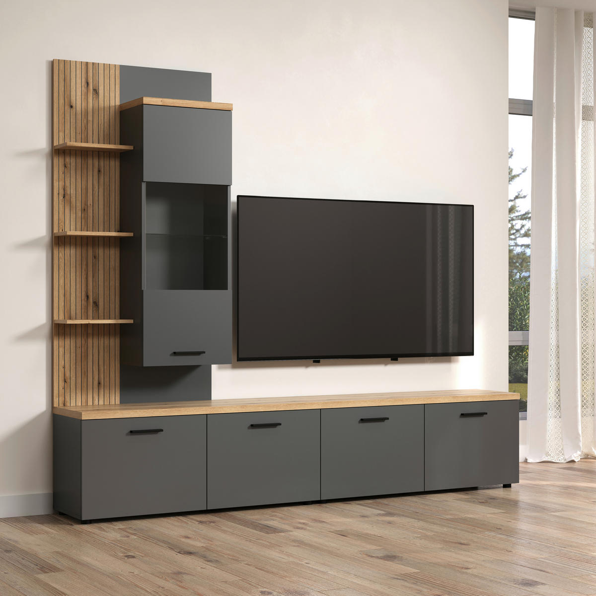 Wohnwand Baggio Eiche Evoke Coast Nachbildung anthrazit B/H/T: ca. 240x211x40 cm Baggio - Eiche/anthrazit (240,00/211,00/40,00cm)