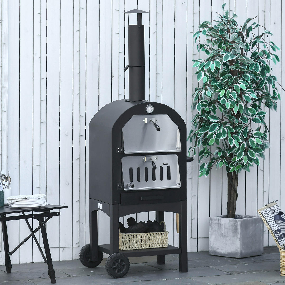 Outsunny Pizzaofen mit Schornstein schwarz Stahl B/H/L: ca. 54x161x63 cm Pizzaofen 846-085 - schwarz/silber (63,00/54,00/161,00cm) - Outsunny