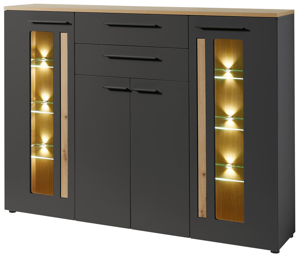 Highboard Loft Two Eiche Artisan Nachbildung Graphit Lacklaminat supermatt B/H/T: ca. 180x133x37 cm Loft Two - Eiche/schwarz (180,00/133,00/37,00cm)