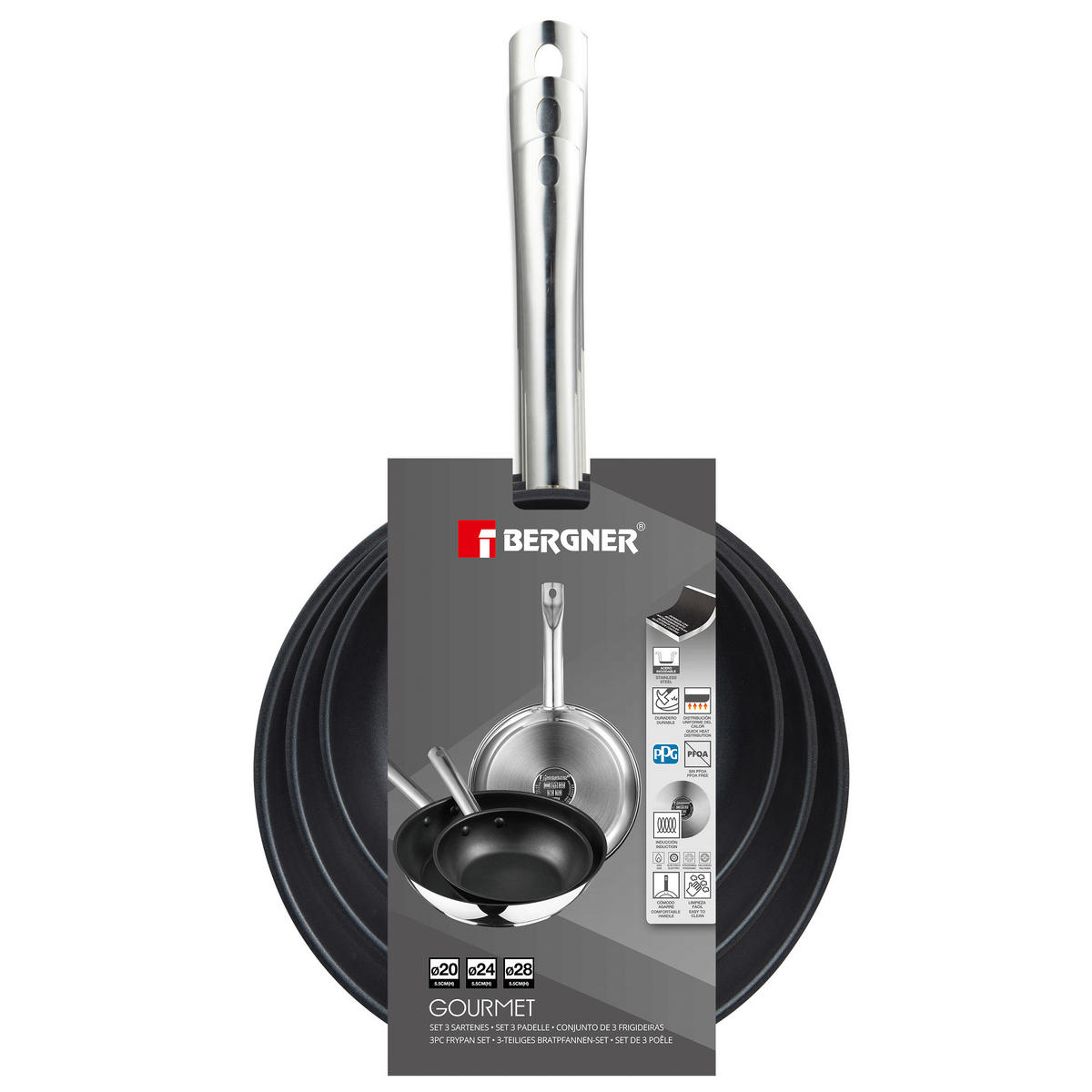BERGNER Frypan-Set GOURMET silber Edelstahl B/H/L: ca. 26,5x16,3x48 cm GOURMET - schwarz/silber (48,00/26,50/16,30cm) - BERGNER