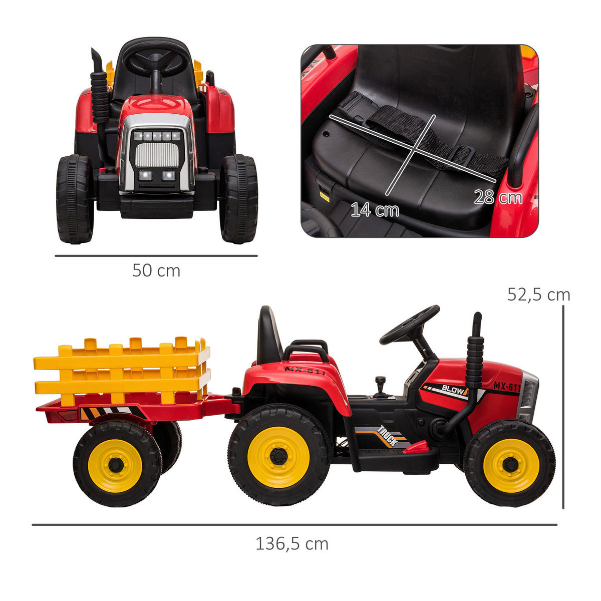 HOMCOM Kinderauto rot B/H/L: ca. 50x136,5x52,5 cm Kinderfahrzeuge - rot (52,50/50,00/136,50cm) - HOMCOM