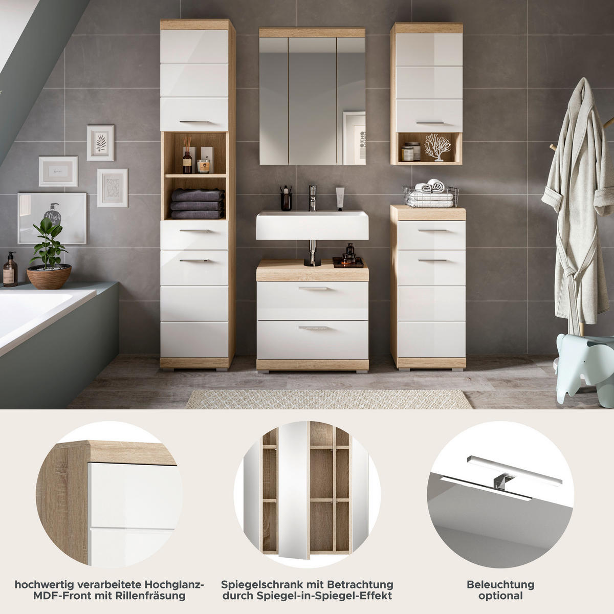 Badezimmer-Set Lambada Eiche Sonoma Nachbildung weiß Hochglanz B/H/T: ca. 164x191x37 cm Lambada - Eiche/weiß (164,00/191,00/37,00cm) - xonox.home