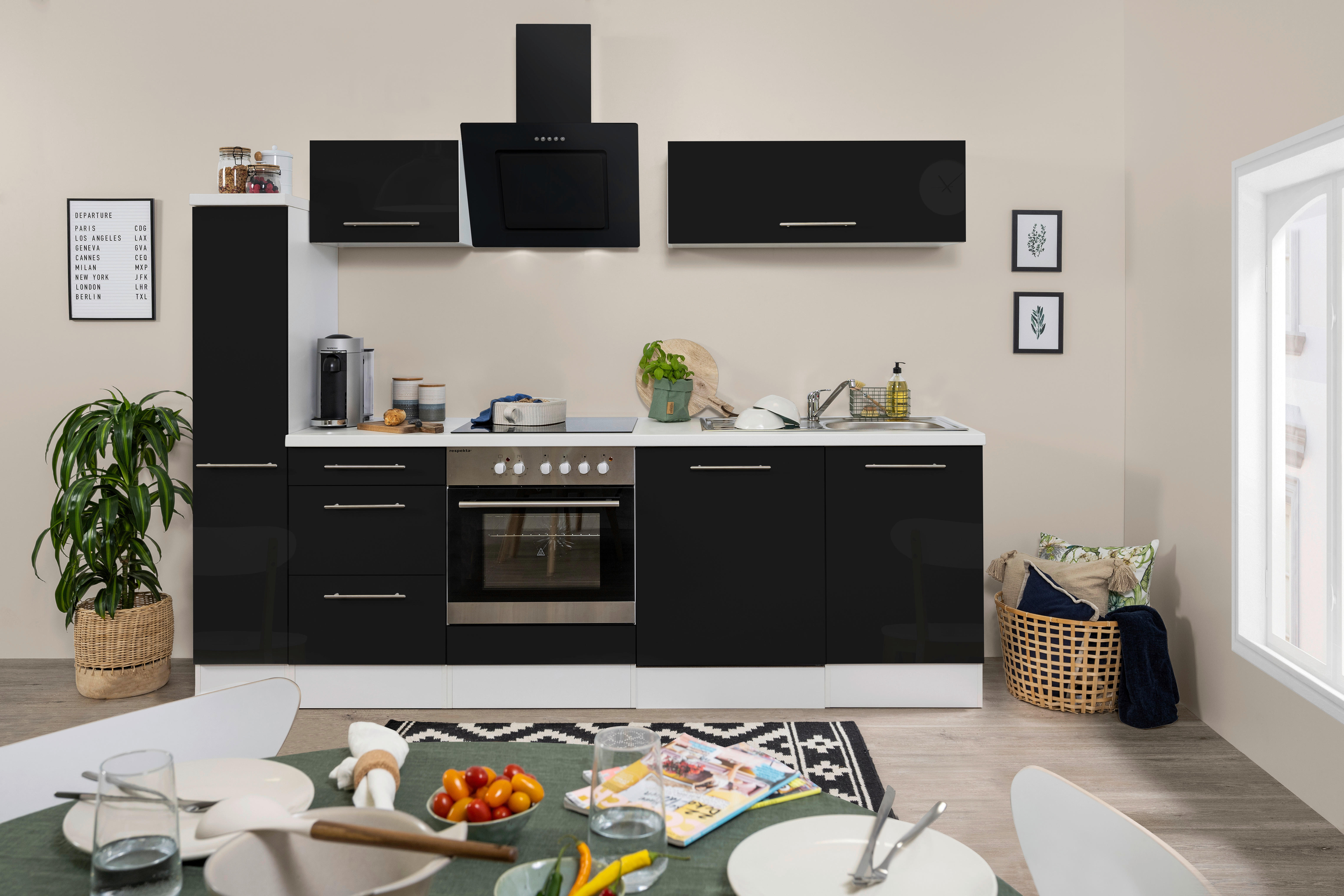 Respekta Küchenblock Amanda schwarz Hochglanz B/H/T: ca. 250x200x60 cm Amanda - weiß/schwarz (250,00/200,00/60,00cm) - Respekta