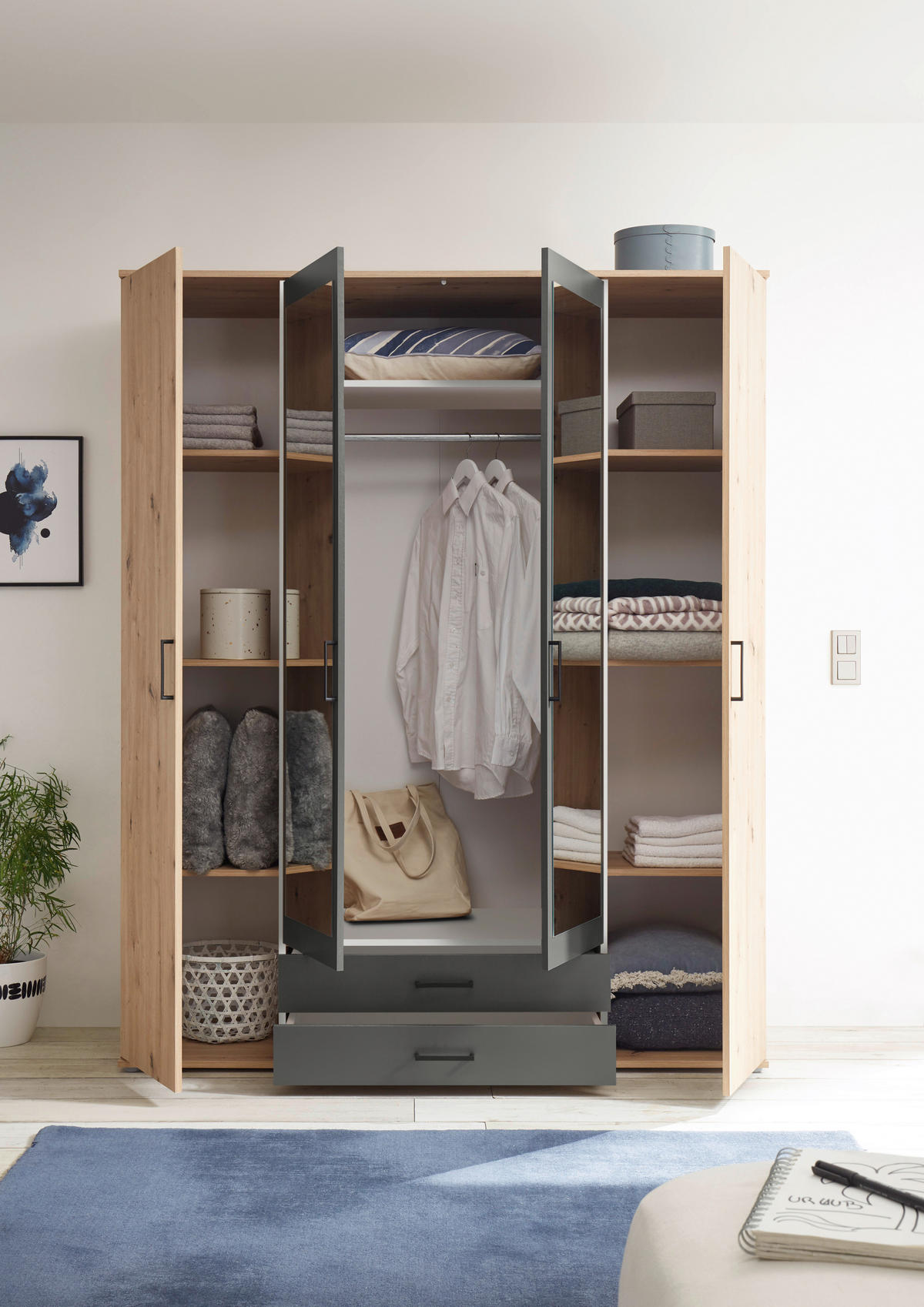 Kleiderschrank Eiche Artisan Nachbildung B/H/T: ca. 159x197x54 cm Chicago_Kleiderschrank - Eiche/Graphit (159,00/197,00/54,00cm)