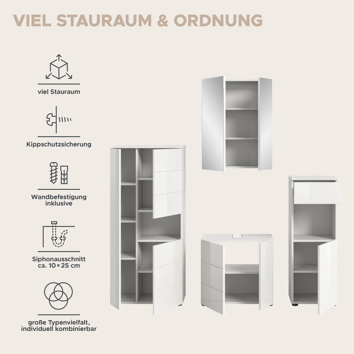 Badezimmer-Set VIRA weiß weiß Hochglanz B/H/T: ca. 188x190x34 cm VIRA - weiß (188,00/190,00/34,00cm) - xonox.home